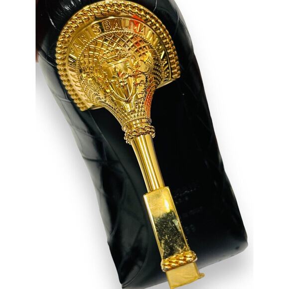 BALMAIN Black Leather Croc-Embossed MONETA Pointed Gold Heel Pumps 39 US 9 - Picture 9 of 10